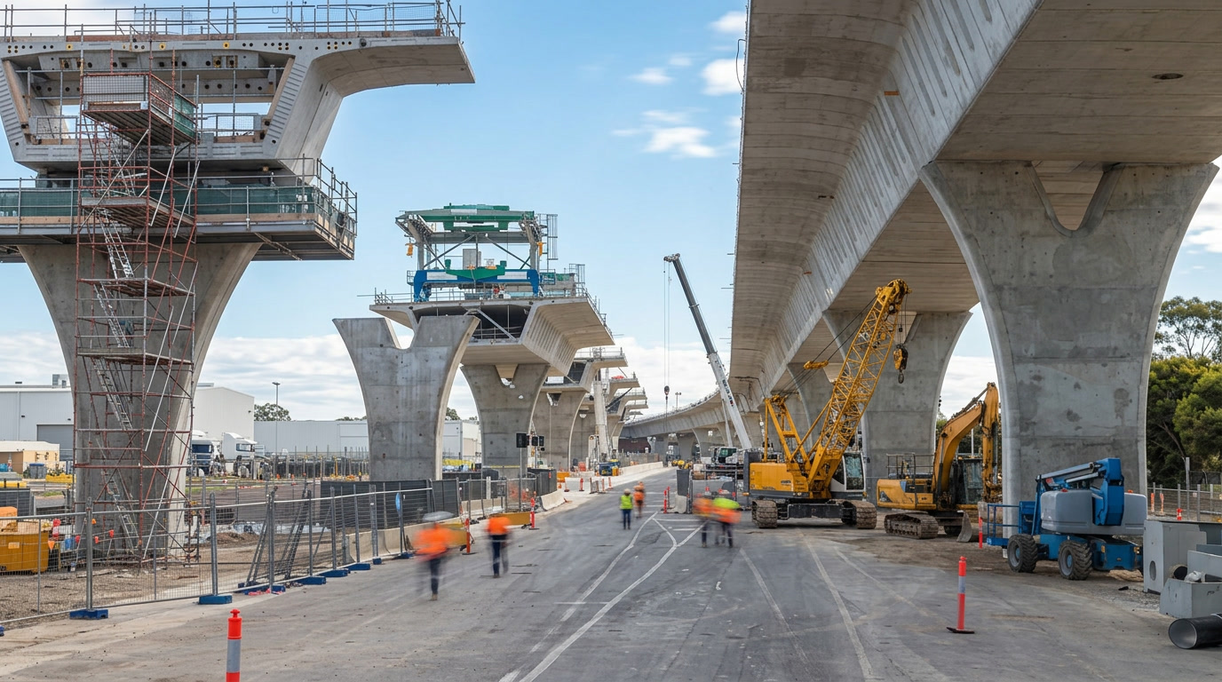 Queensland highway construction - elevated concrete road bridge under construction