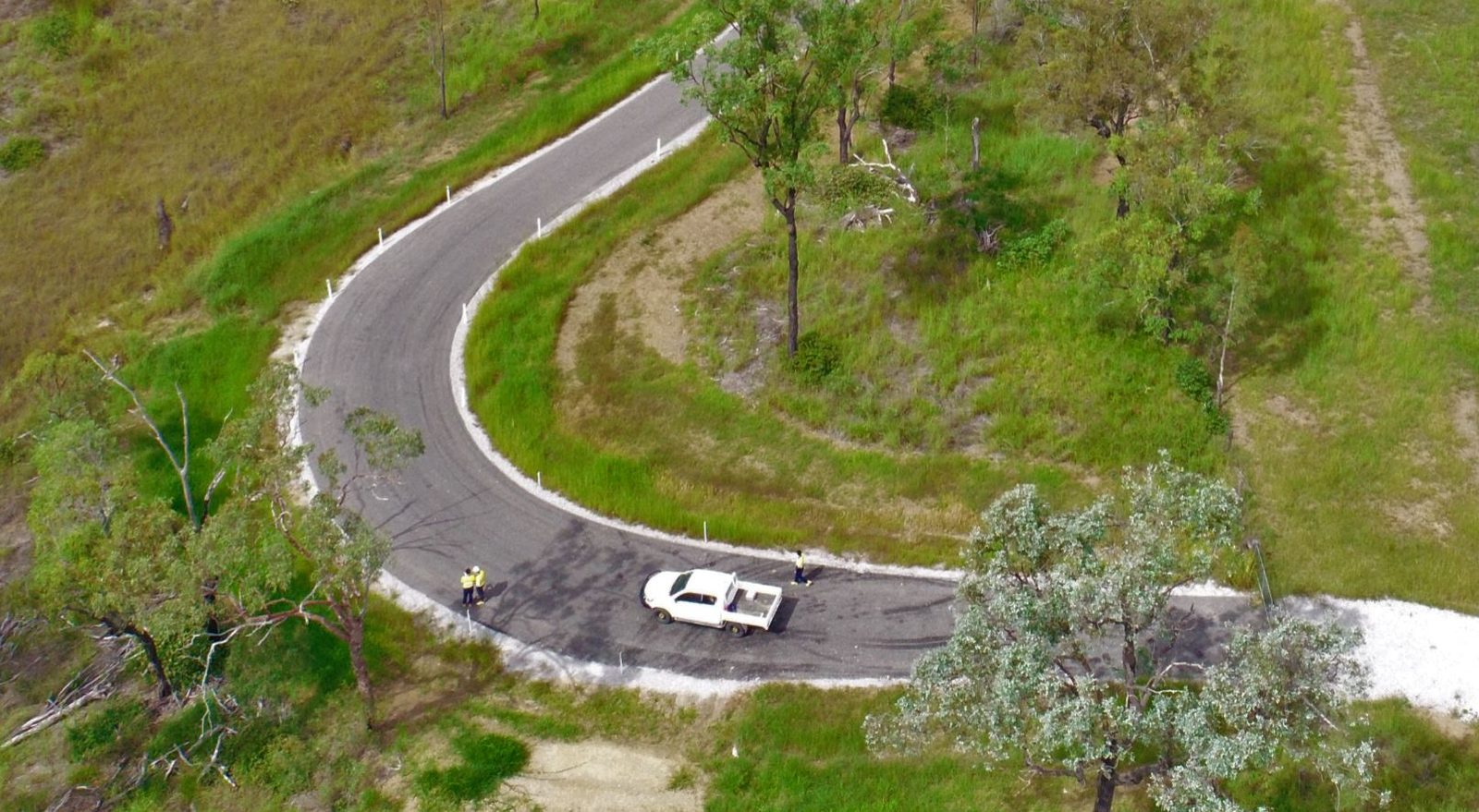 Aerial view of a newly sealed curve on the Fitzroy District safety works