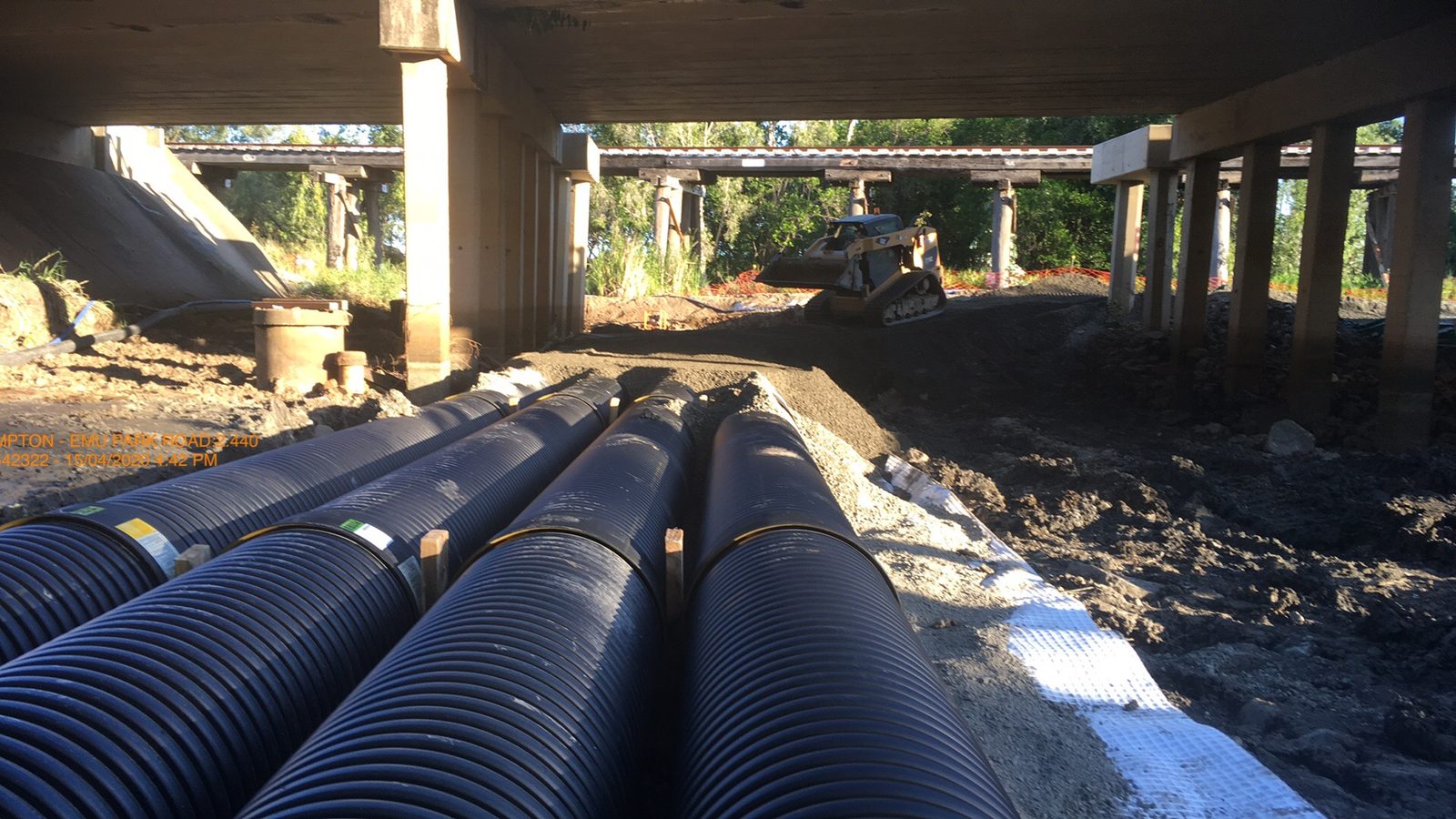 Culvert pipes and bridge works underneath the structure at Frenchmans Creek