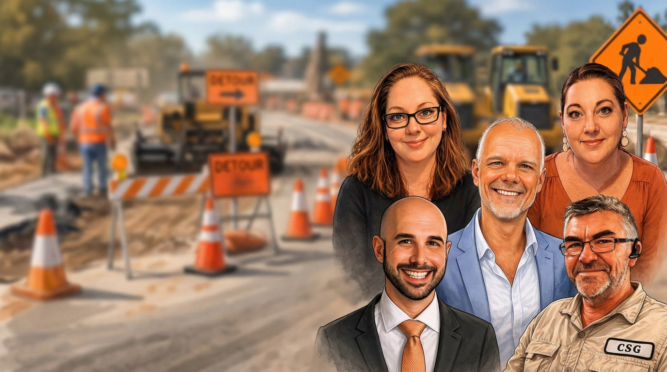 The CSG management team in front of a roadworks site